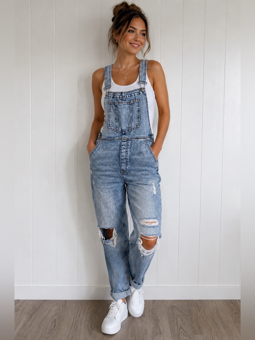 H&M Divided Distressed Denim Overalls Acid Wash Baggy Y2K Skater Grunge Size 8